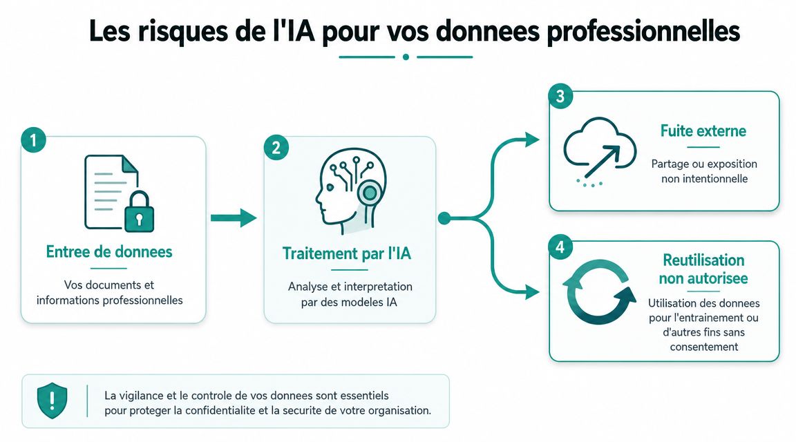 Schéma illustrant les risques de sécurité pour les données professionnelles lors de leur traitement par une intelligence artificielle.