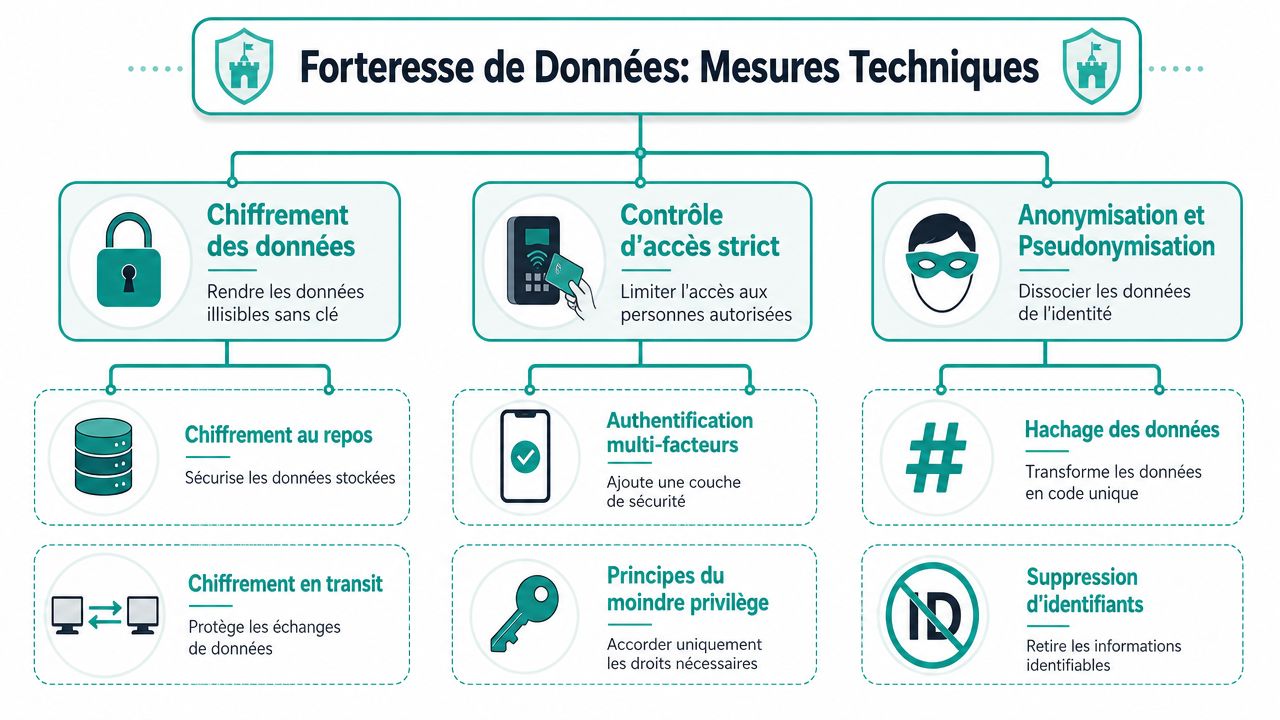 Infographie illustrant les mesures techniques pour protéger et sécuriser la confidentialité des données numériques.