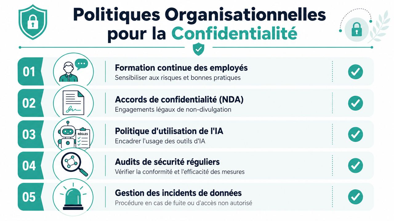 Infographie présentant cinq politiques organisationnelles essentielles pour garantir la confidentialité et la sécurité des données.