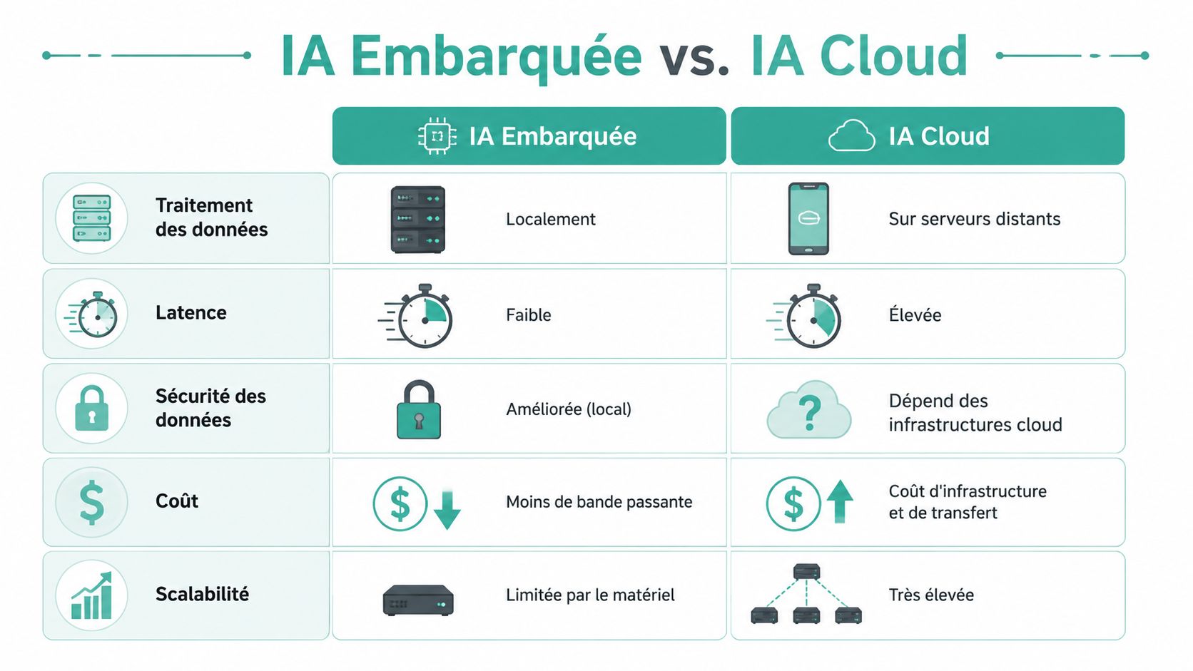 Tableau comparatif illustrant les différences entre l'IA embarquée et l'IA Cloud selon plusieurs critères techniques essentiels.
