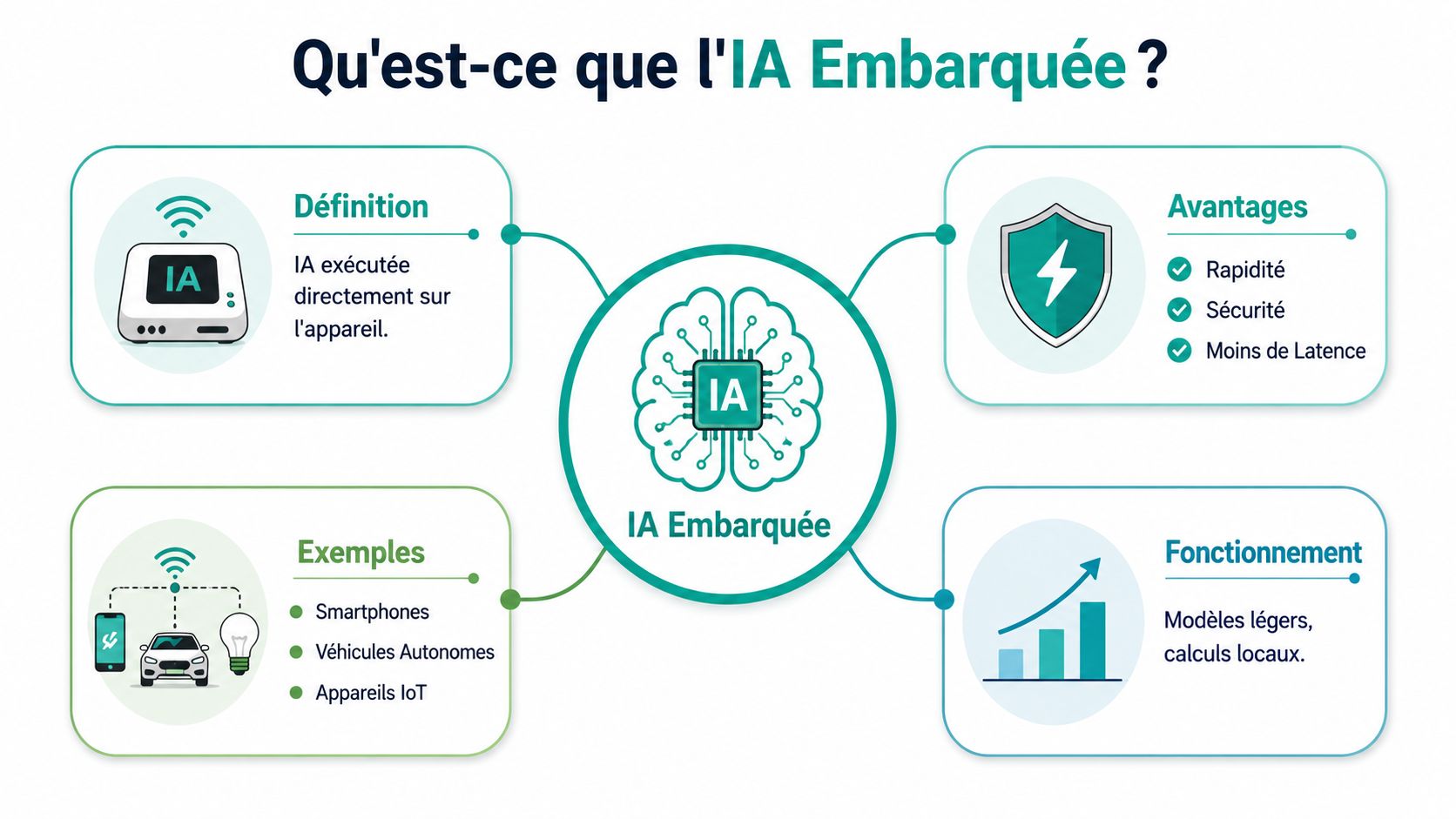 Schéma explicatif montrant le concept, les avantages, les exemples et le fonctionnement de l'IA embarquée.