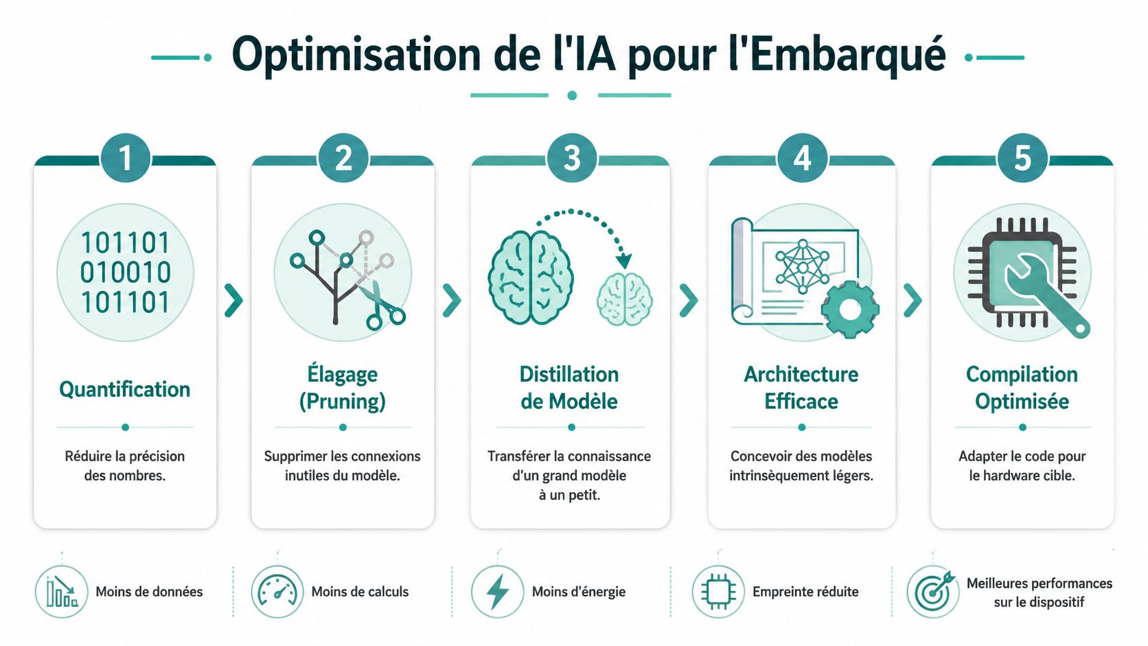 Infographie illustrant les cinq étapes clés de l'optimisation de l'intelligence artificielle pour les systèmes embarqués.