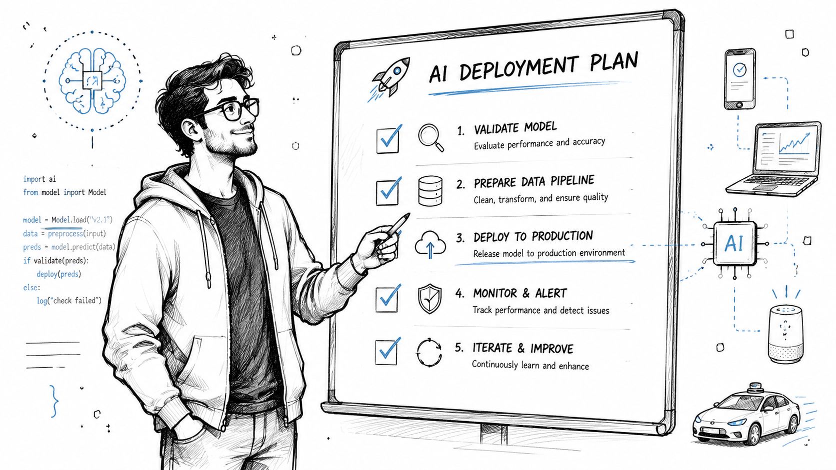 Un jeune développeur présentant un plan de déploiement pour l'intelligence artificielle sur un grand tableau blanc.