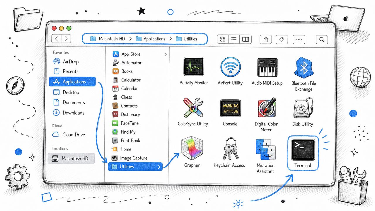 Une fenêtre du Finder macOS illustrant le chemin pour ouvrir le Terminal dans le dossier Utilitaires.