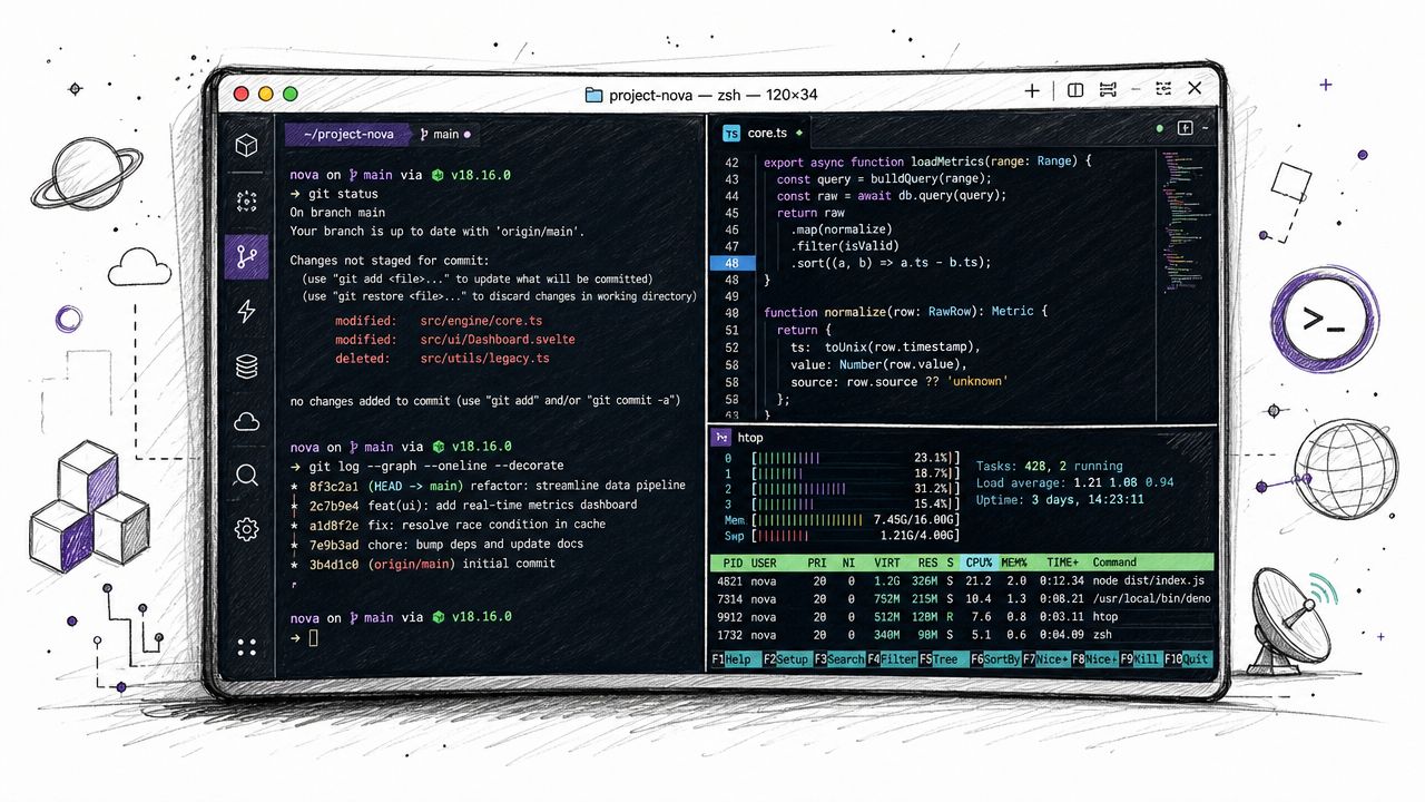 Capture d'écran d'un terminal de développement illustré avec du code, git et htop sur un écran Mac.