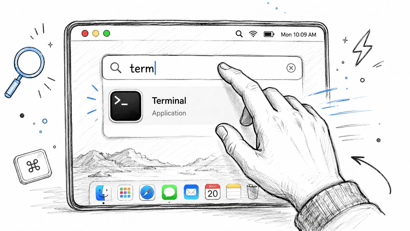 Une main sélectionne l'application Terminal dans la barre de recherche sur l'écran d'une tablette Apple.