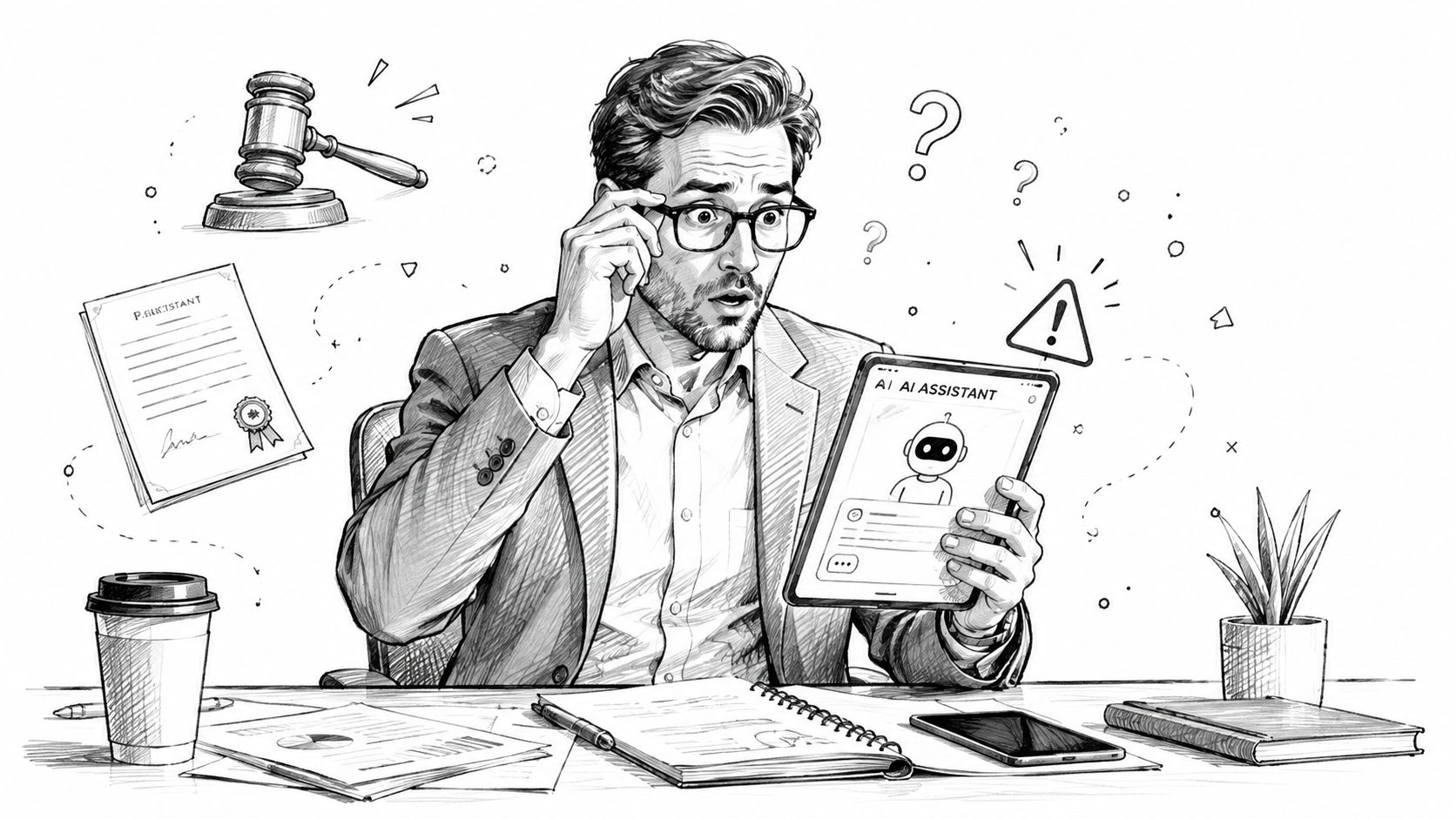Un avocat surpris regardant une tablette affichant un assistant IA avec un symbole d'avertissement et un marteau.