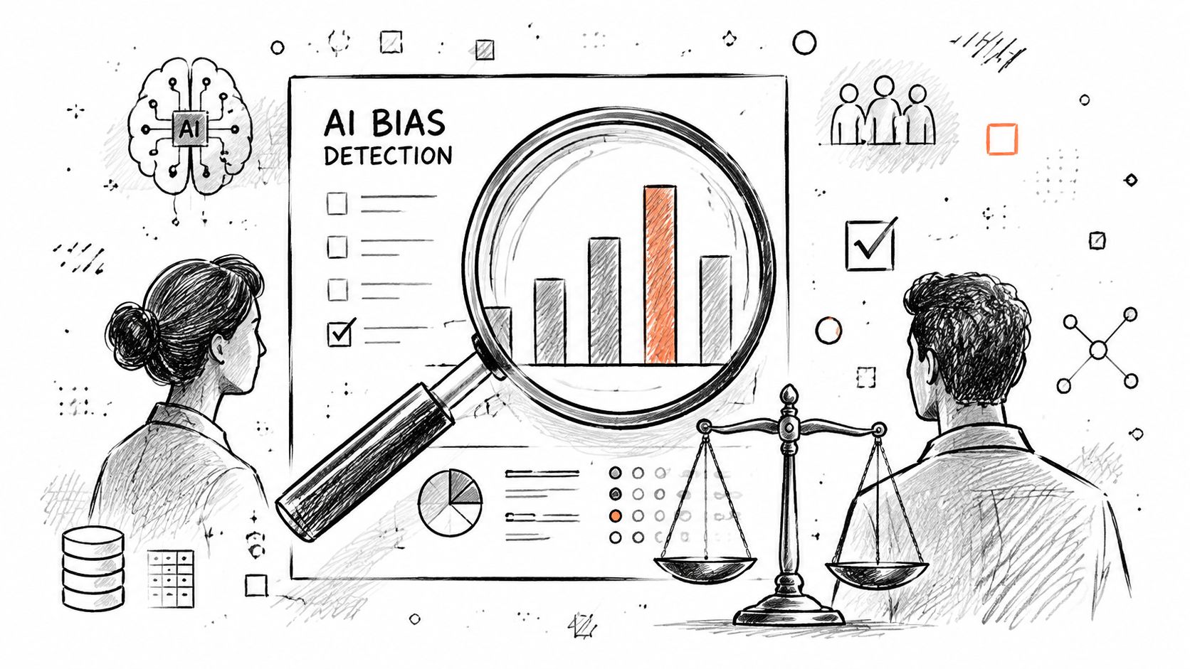 Illustration de style croquis montrant des professionnels analysant des données de détection de biais dans l'intelligence artificielle.