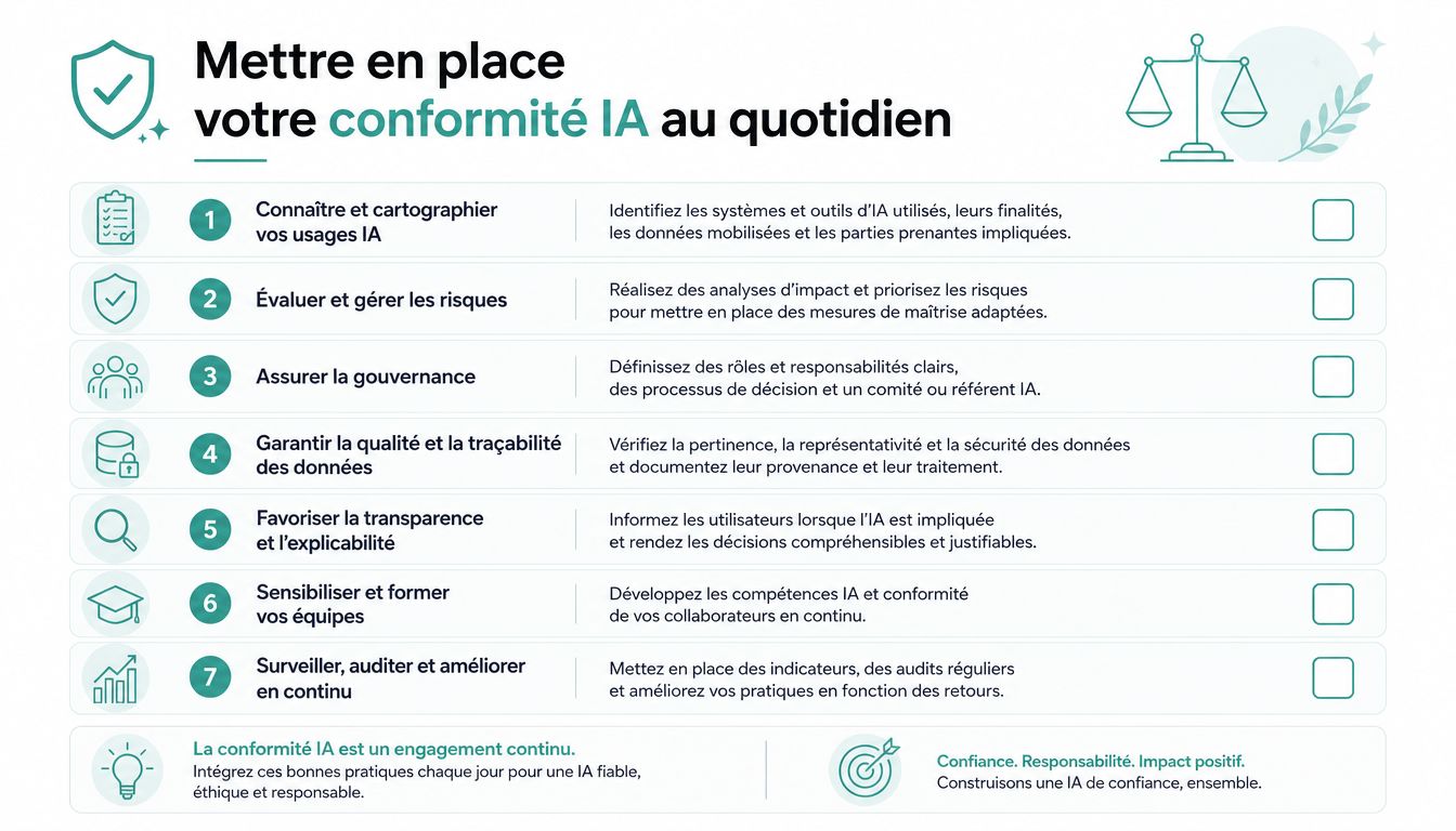 Infographie présentant sept étapes clés pour mettre en place une stratégie de conformité IA responsable en entreprise.