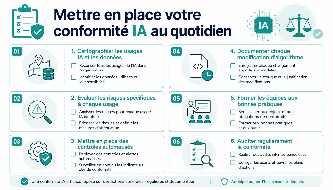 Infographie présentant six étapes clés pour garantir la conformité de l'intelligence artificielle au sein d'une organisation.