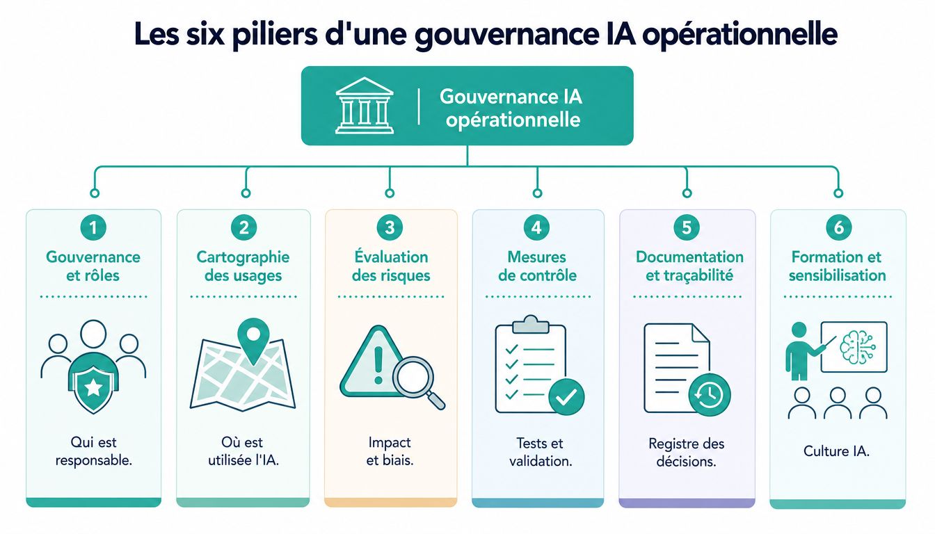 Schéma illustrant les six piliers essentiels pour une gouvernance opérationnelle de l'intelligence artificielle en entreprise.