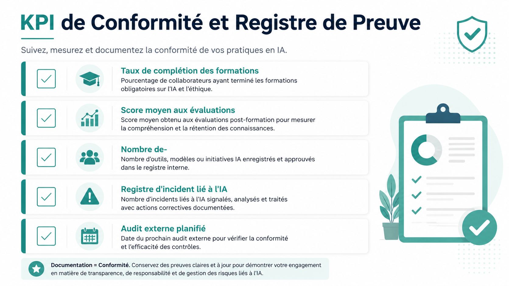 Infographie présentant les indicateurs clés de performance et le registre de preuve pour la conformité en intelligence artificielle.