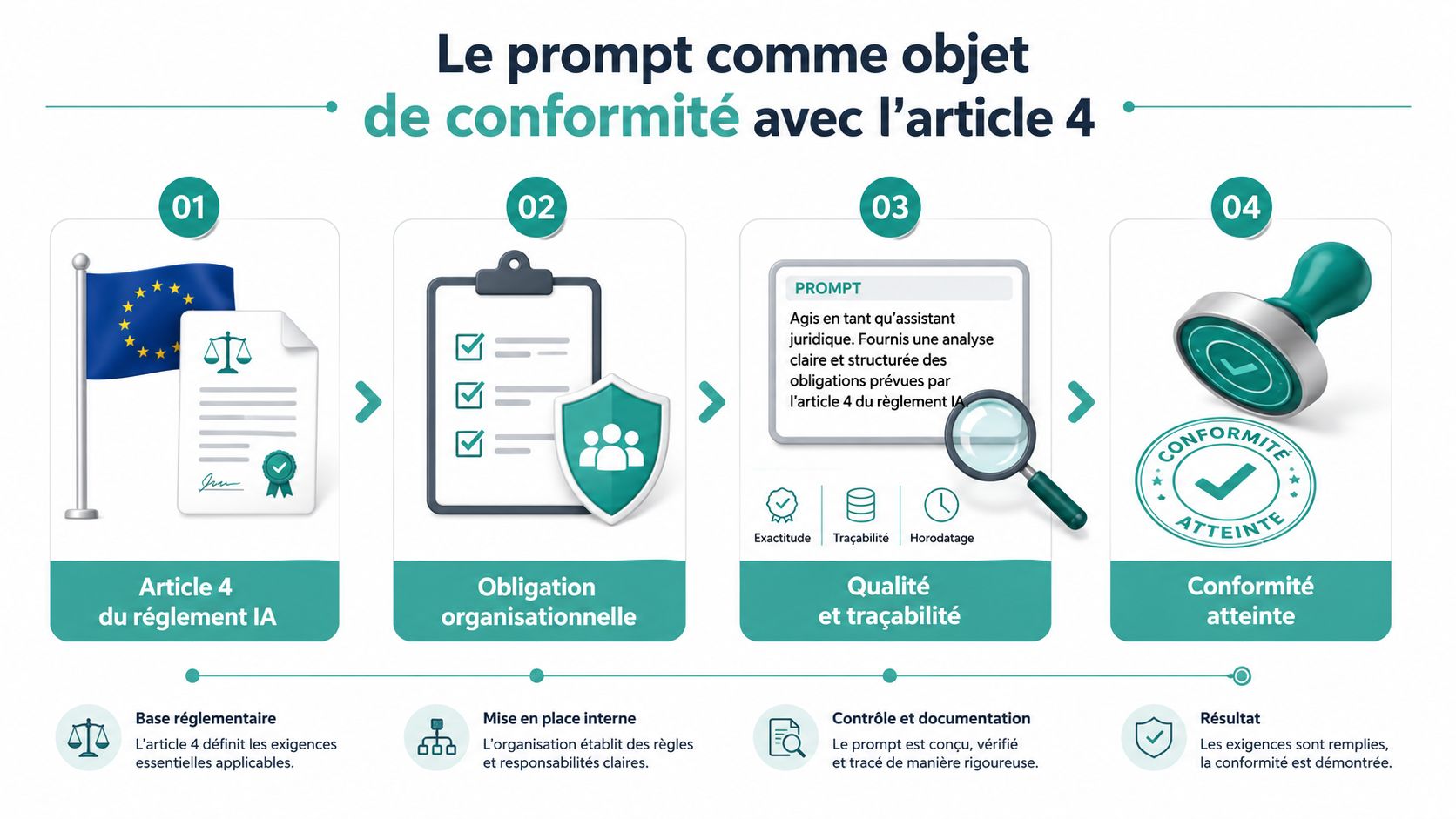 Une infographie montrant les quatre étapes pour assurer la conformité d'un prompt avec l'article 4 du règlement IA.