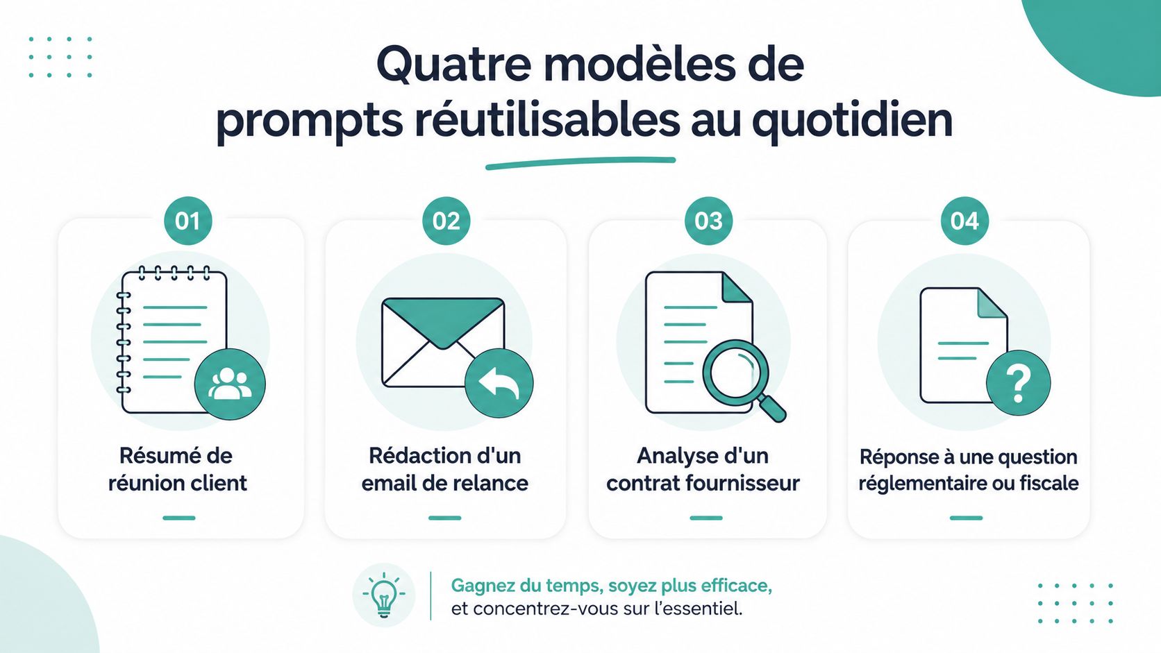 Une infographie présentant quatre modèles de prompts IA pour le travail quotidien : réunion, email, contrat et fiscalité.