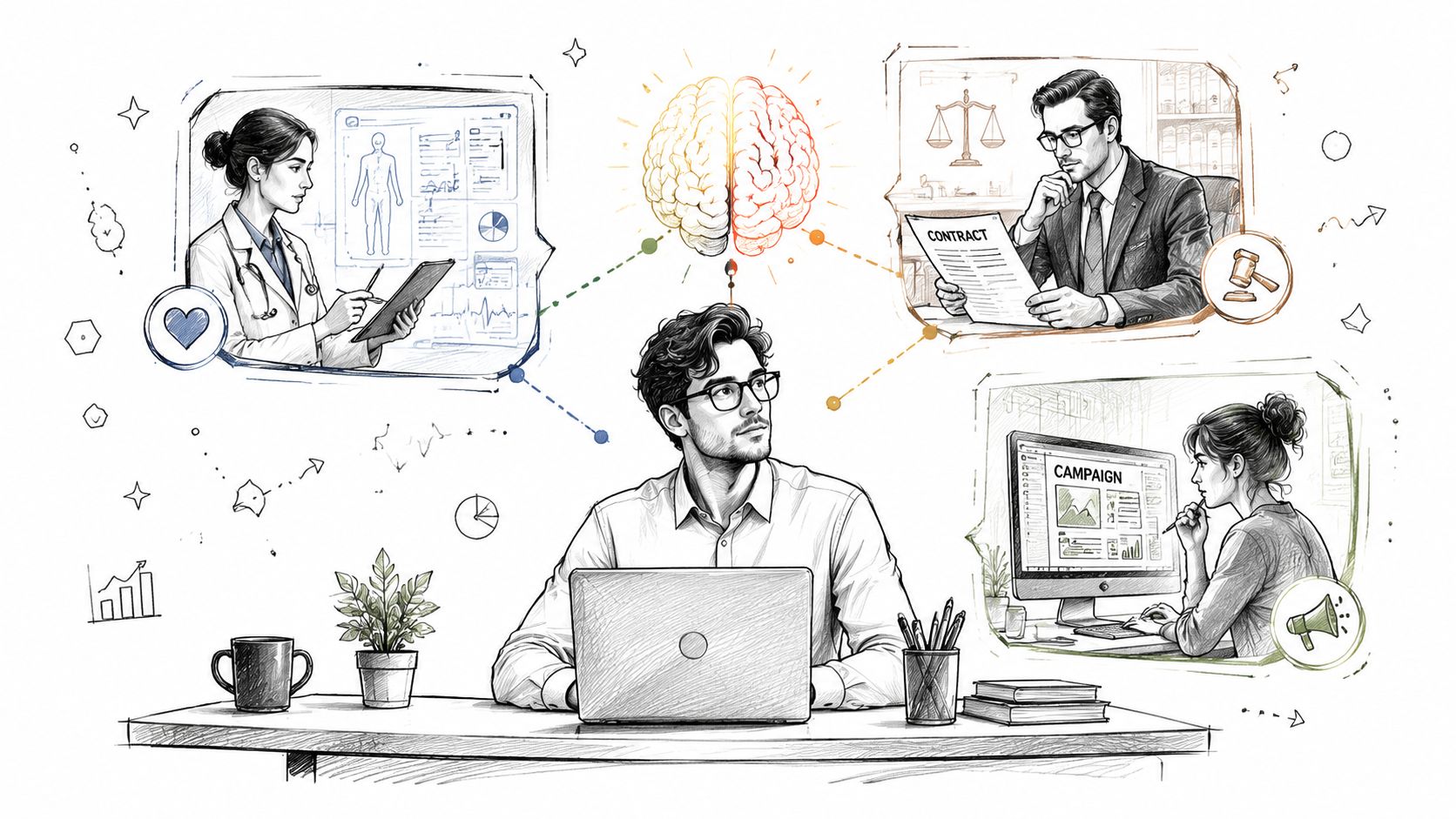 Homme travaillant sur un ordinateur connecté mentalement aux domaines médical, juridique et du marketing digital.