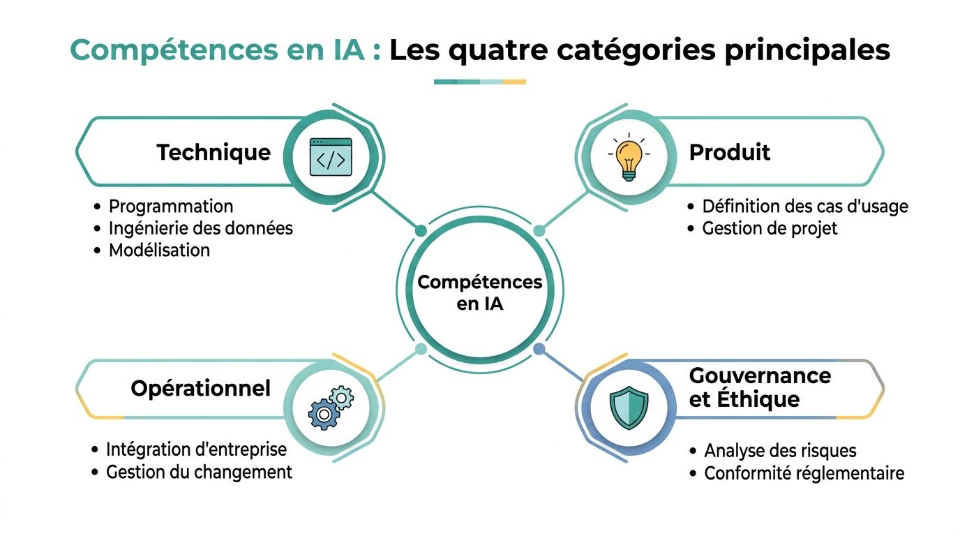 Schéma illustrant les quatre catégories principales de compétences en IA : technique, produit, opérationnel, gouvernance et éthique.