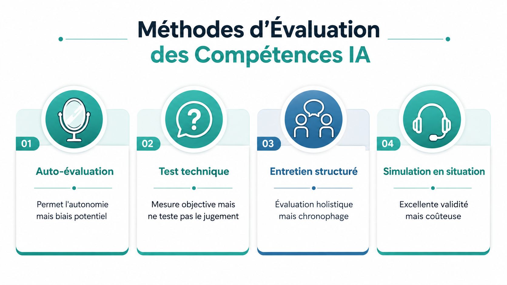Infographie illustrant quatre méthodes d'évaluation des compétences en intelligence artificielle pour les salariés de l'entreprise.
