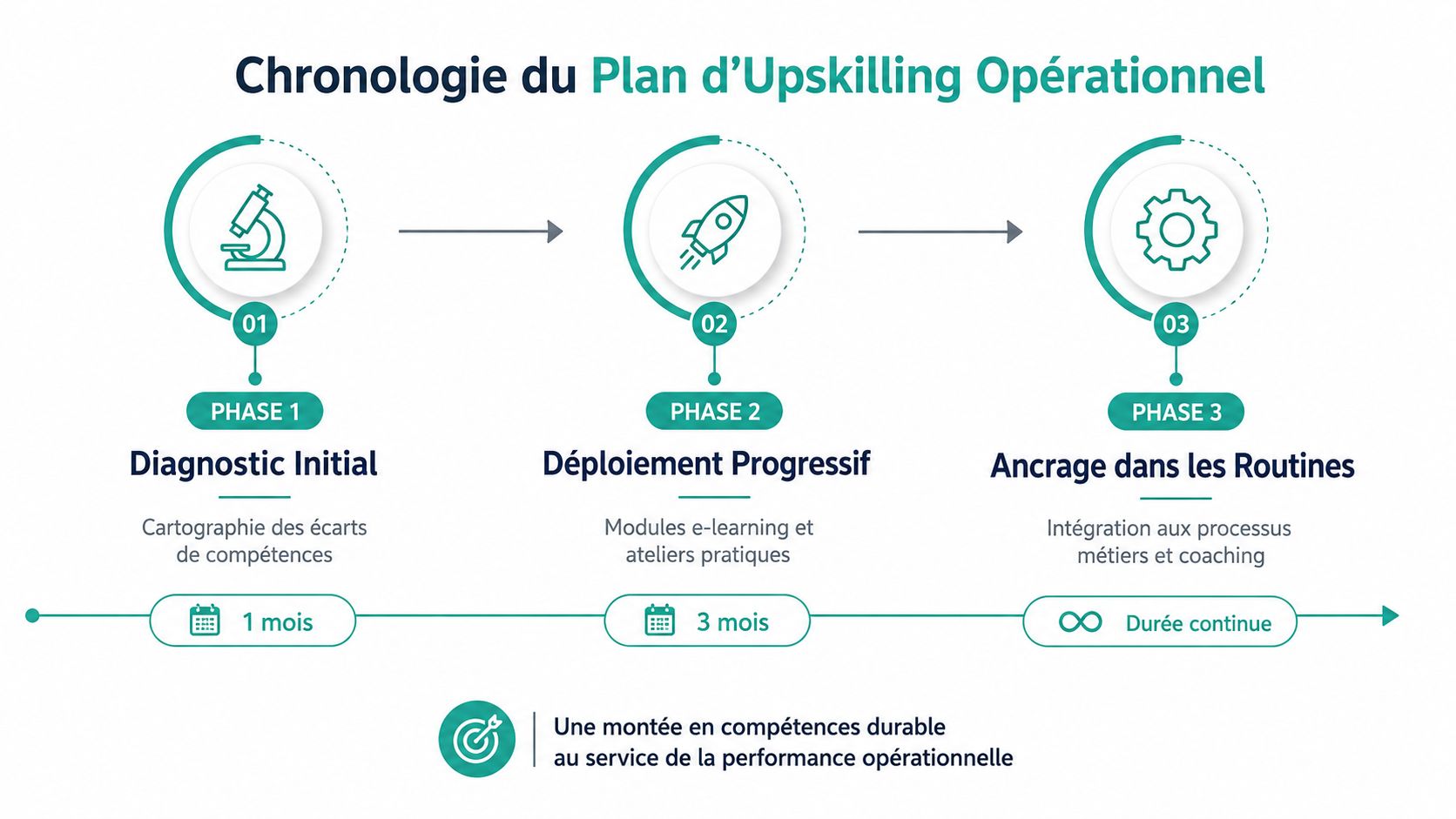 Chronologie d'un plan d'upskilling opérationnel en trois phases pour améliorer les compétences des salariés en entreprise.