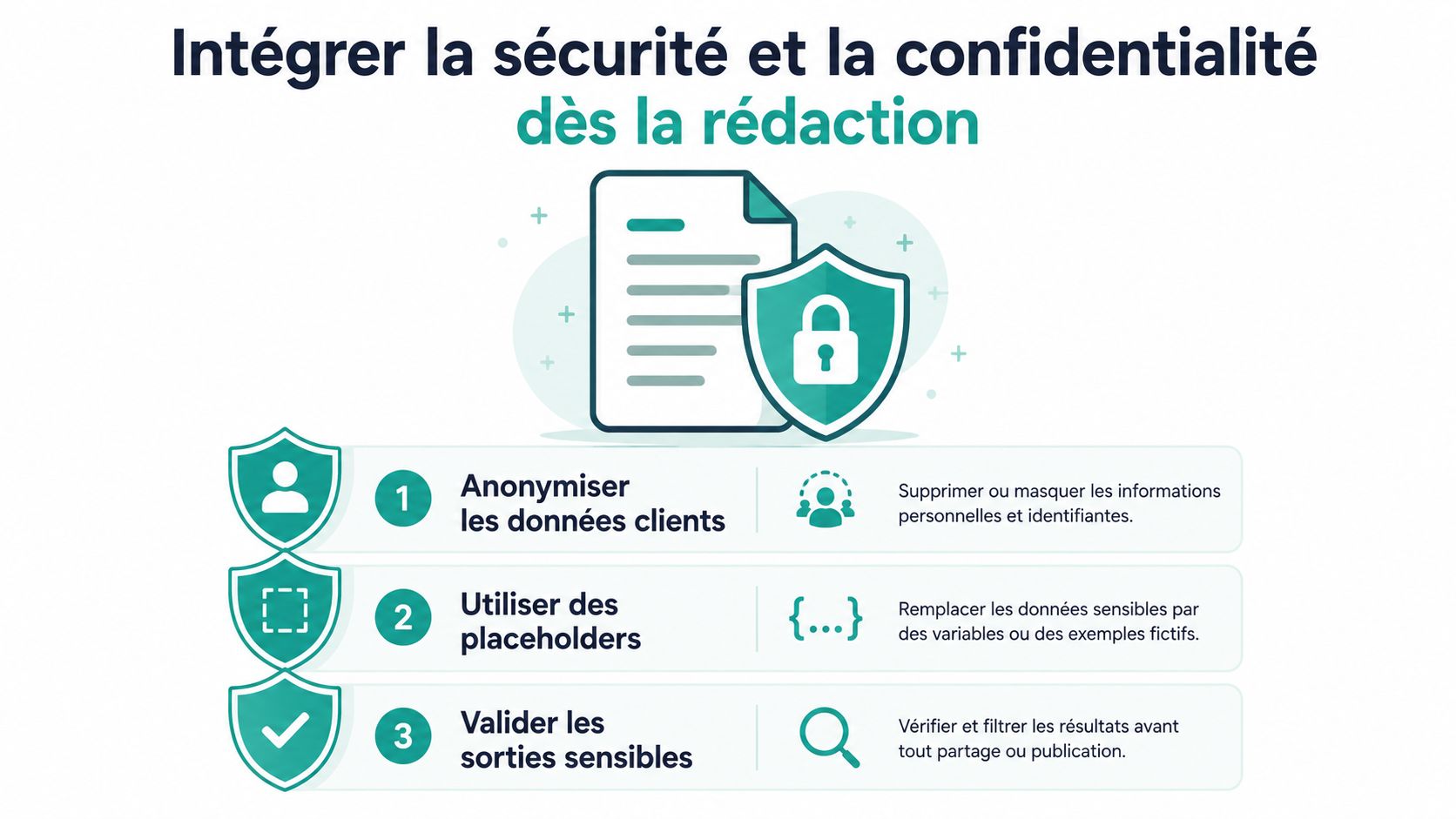 Une infographie montrant trois étapes pour intégrer la sécurité et la confidentialité lors de la rédaction.