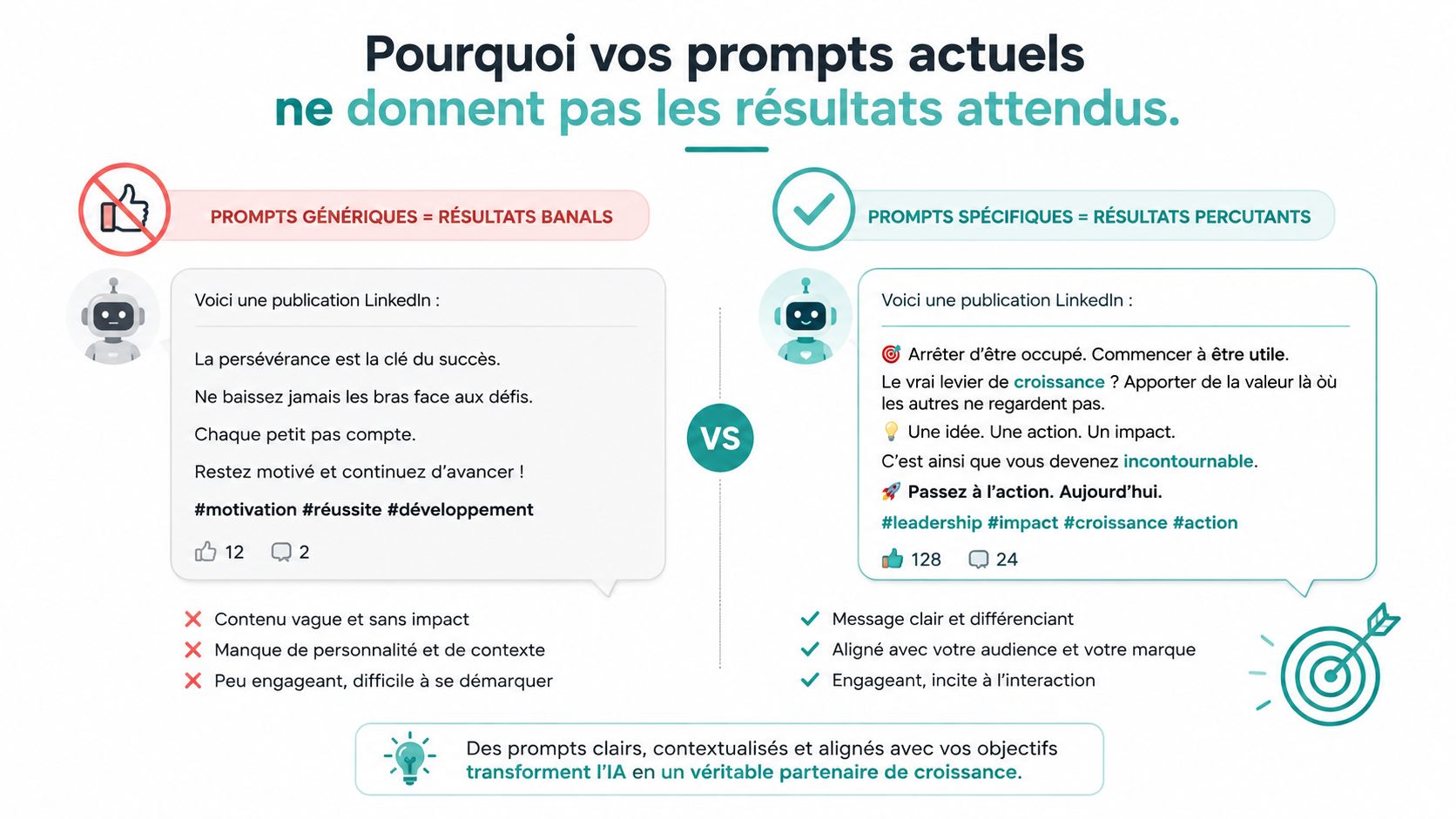 Comparaison visuelle illustrant pourquoi les prompts spécifiques produisent de meilleurs résultats de contenu que les prompts génériques.