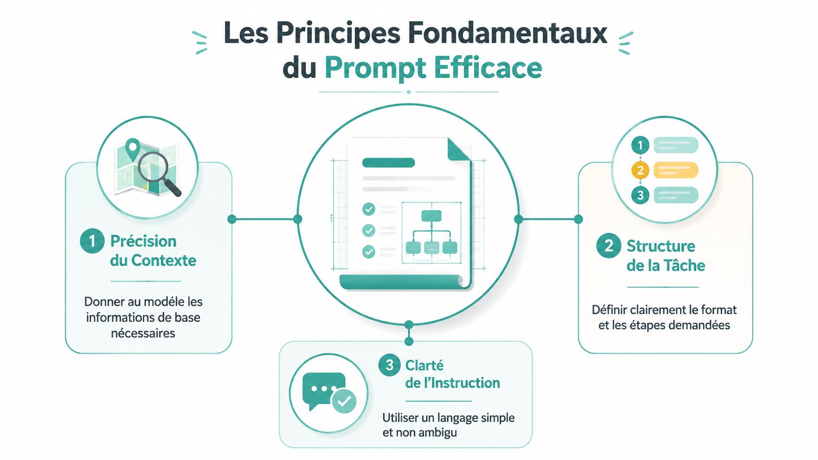Une infographie montrant les trois principes fondamentaux du prompt efficace pour l'intelligence artificielle.