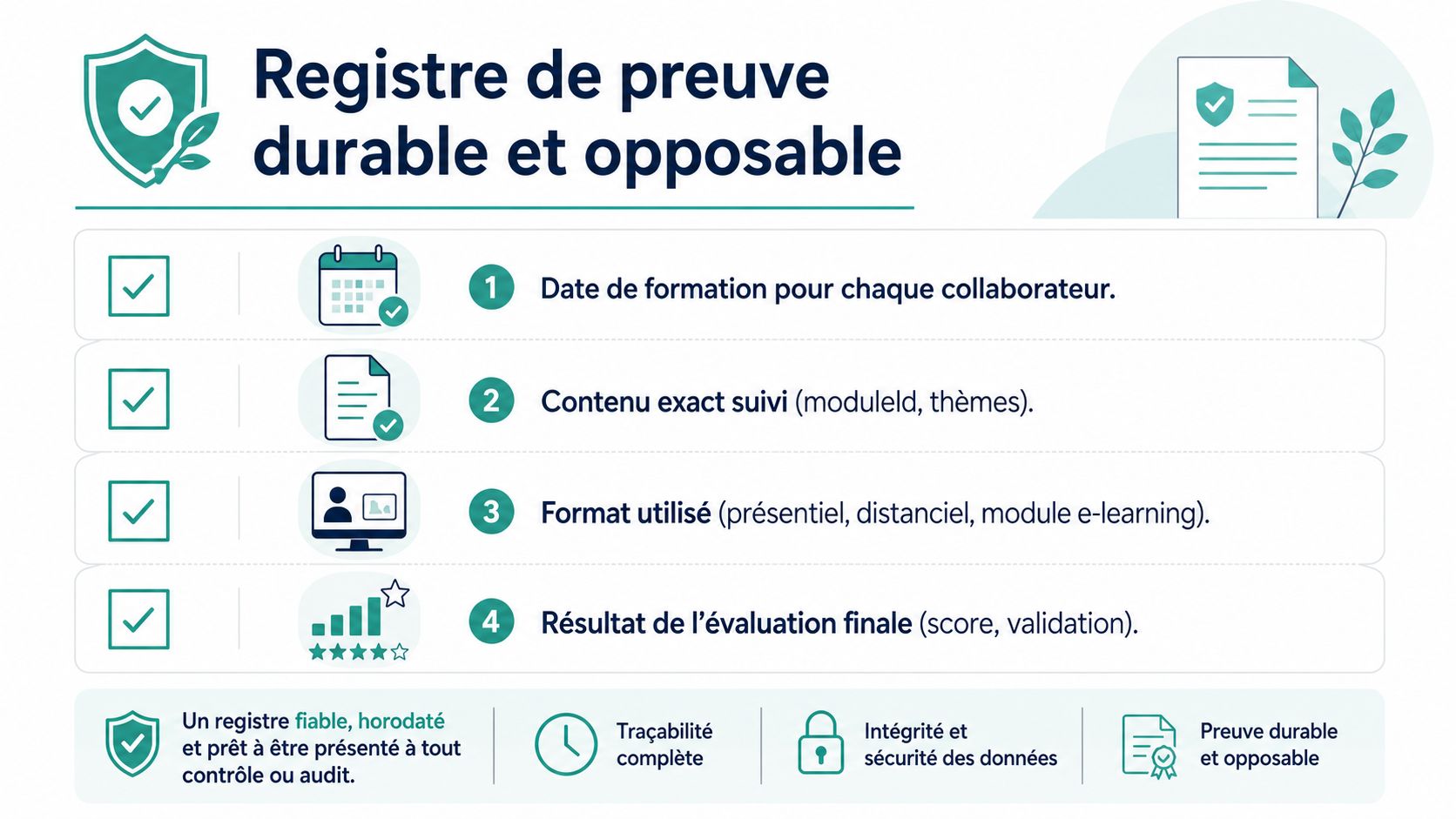 Une infographie montrant les quatre points clés pour maintenir un registre de preuve durable et opposable en formation.