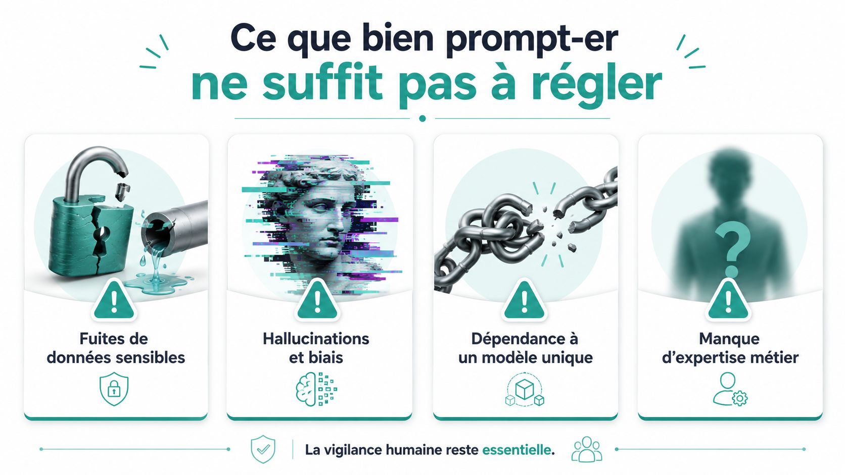 Illustration montrant quatre risques majeurs de l'intelligence artificielle malgré un bon usage des prompts.