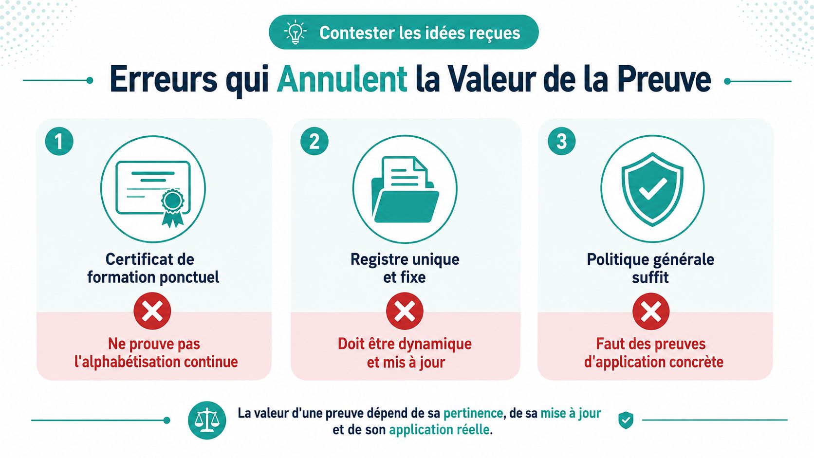 Infographie illustrant les trois erreurs courantes qui annulent la valeur d'une preuve en entreprise.