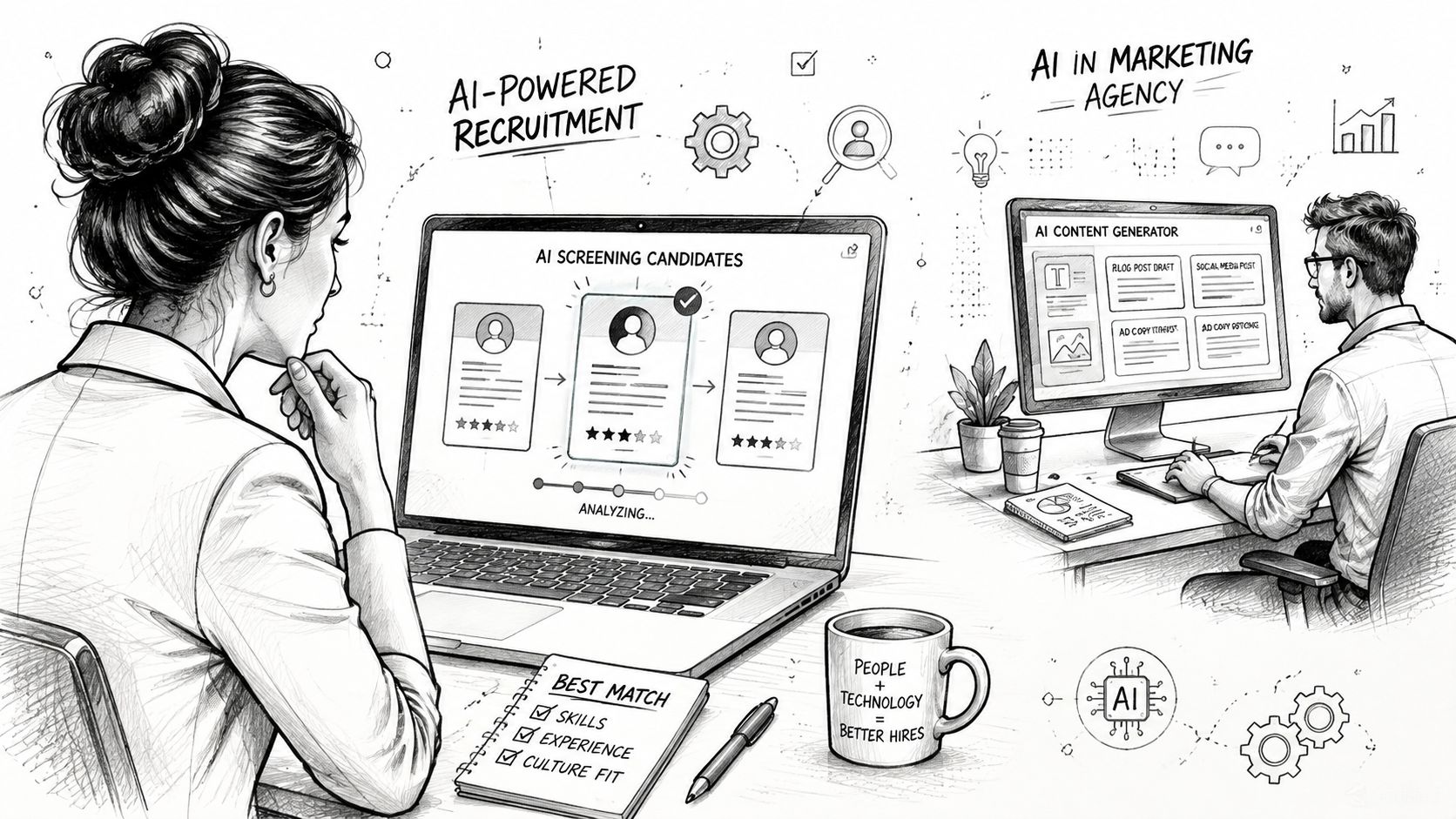 Illustration montrant des professionnels utilisant l'intelligence artificielle pour le recrutement et la génération de contenu marketing.