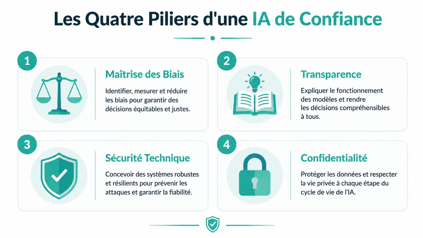 Une infographie présentant les quatre piliers fondamentaux pour garantir une intelligence artificielle éthique, sécurisée et transparente.