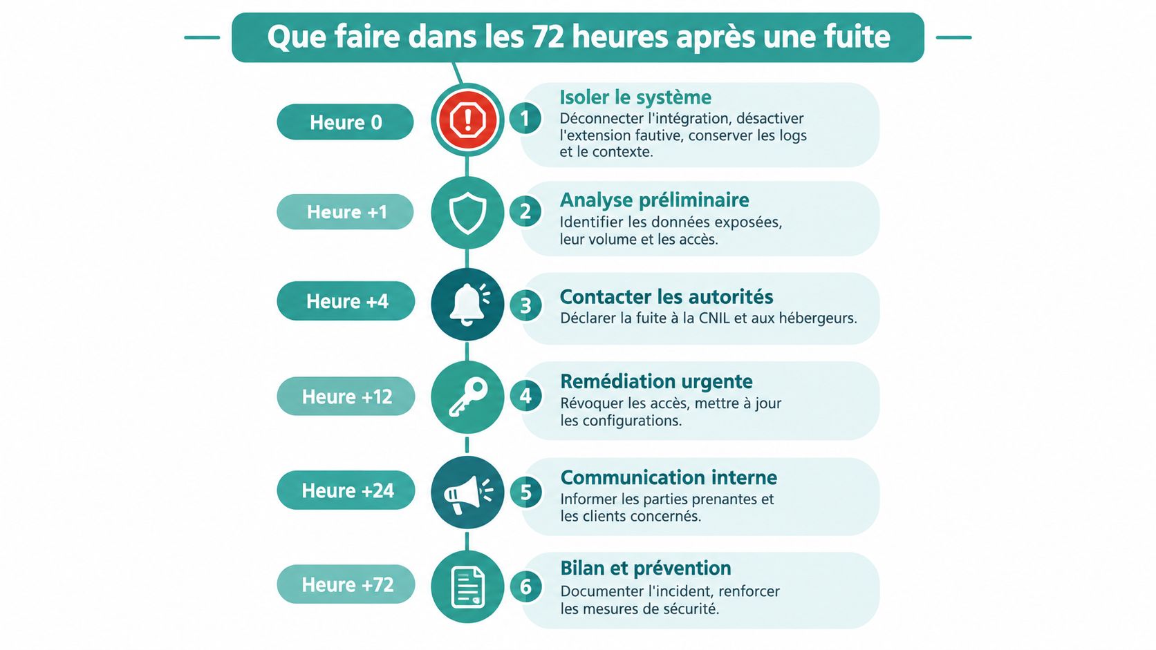 Infographie illustrant les étapes essentielles à suivre dans les 72 heures après une fuite de données.
