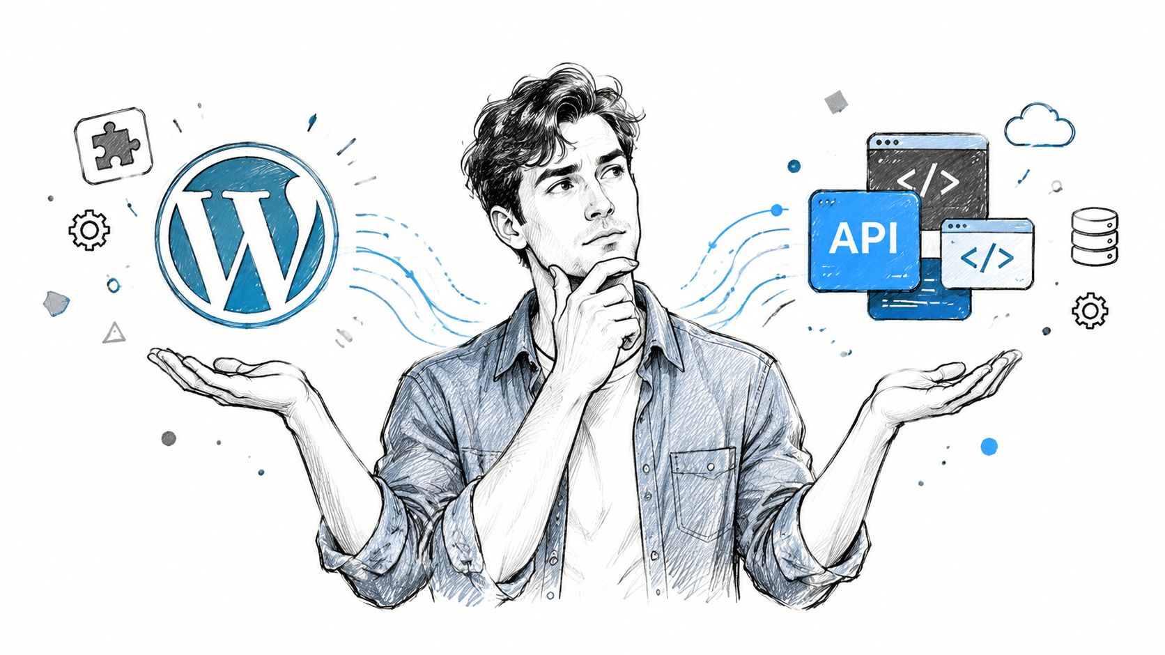 Un jeune homme réfléchissant au choix entre le CMS WordPress et le développement personnalisé via des API.
