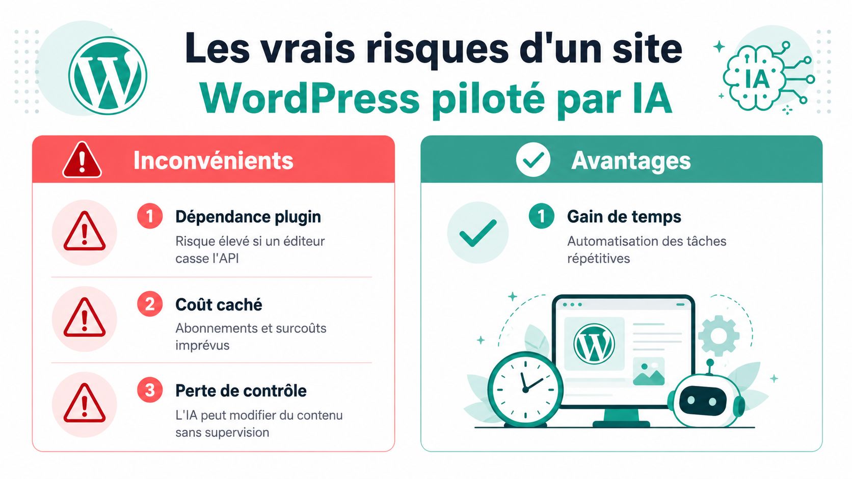 Infographie illustrant les avantages et les inconvénients de l'utilisation de l'intelligence artificielle pour un site WordPress.