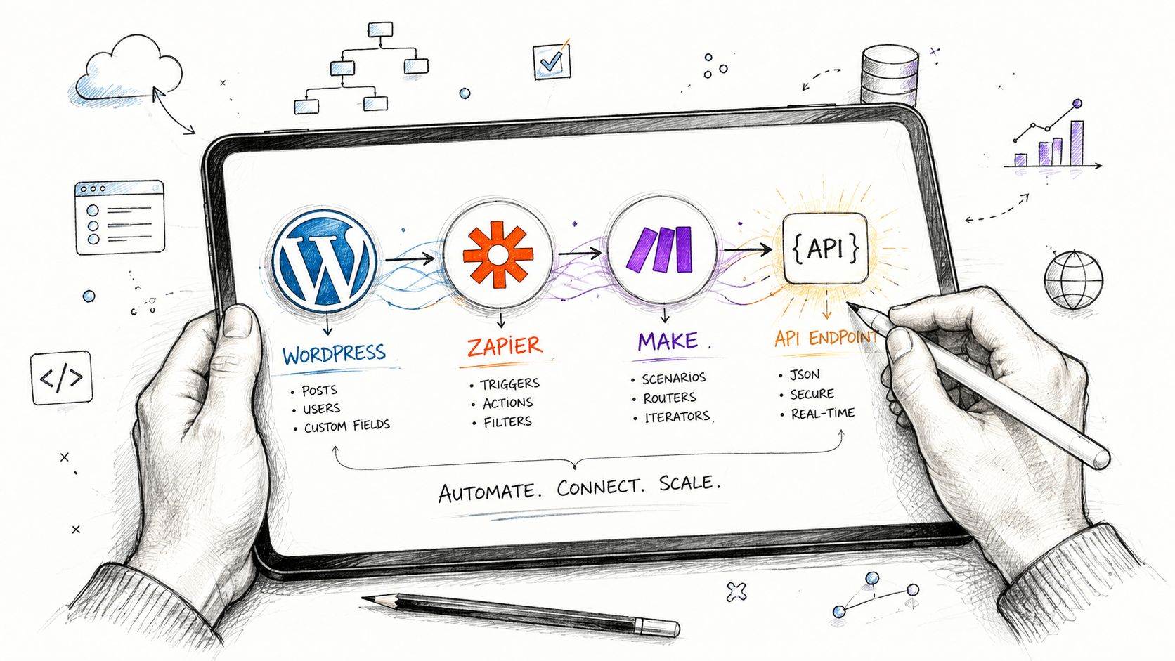 Screenshot from https://example.com/screenshots/wordpress-make-zapier-workflow.png