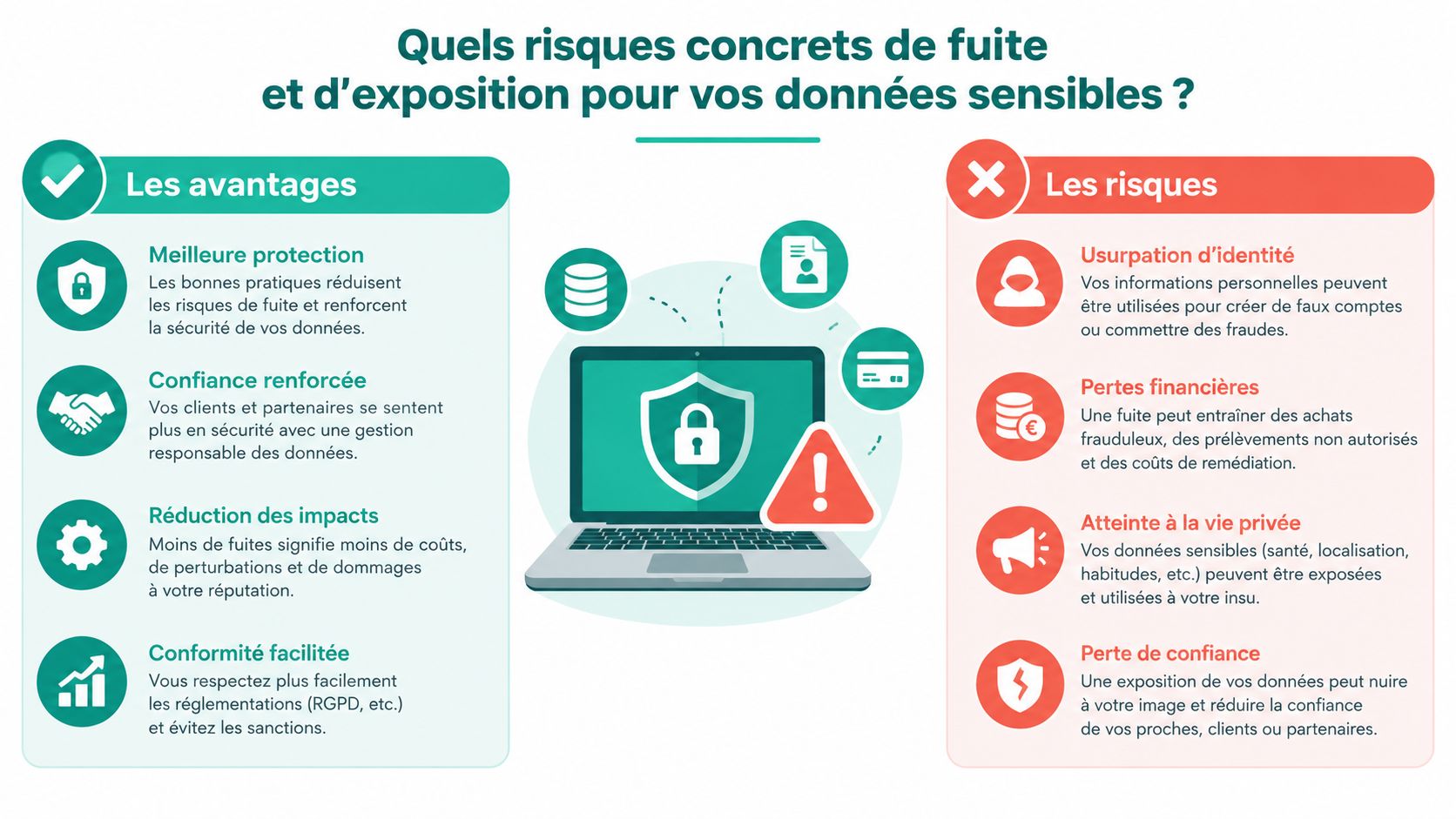 Infographie comparant les avantages de la protection des données aux risques liés aux fuites d'informations sensibles.
