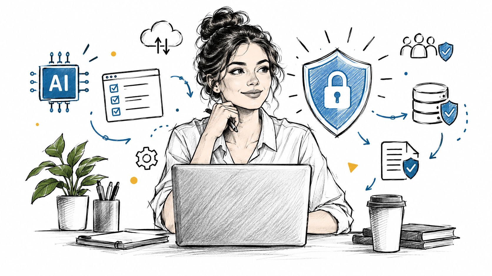 Une femme travaillant sur un ordinateur portable illustrant la sécurité des données et l'intelligence artificielle en entreprise.