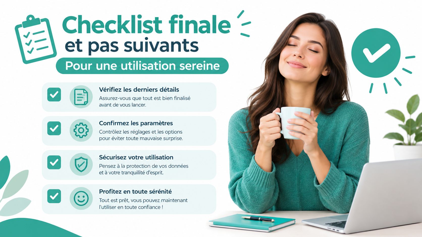 Une femme souriante tenant une tasse de café devant un ordinateur avec une liste de vérification finale.