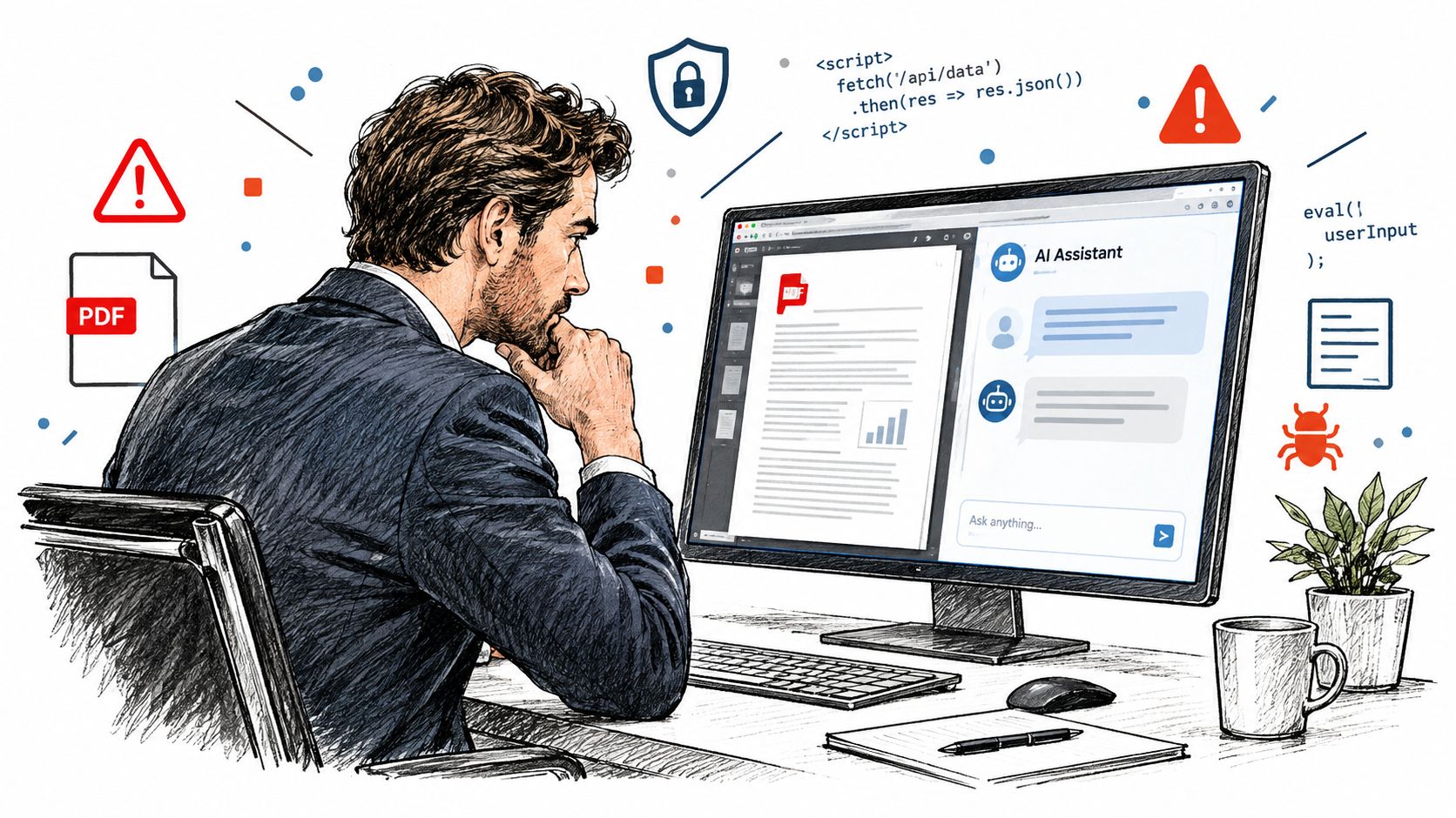 Un homme d'affaires pensif examine une vulnérabilité de sécurité informatique sur son écran avec une IA.
