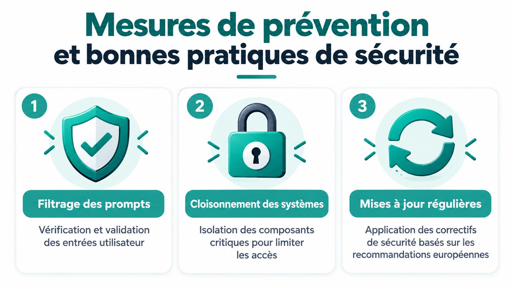 Infographie illustrant trois mesures de prévention et bonnes pratiques de sécurité pour la protection des systèmes numériques.