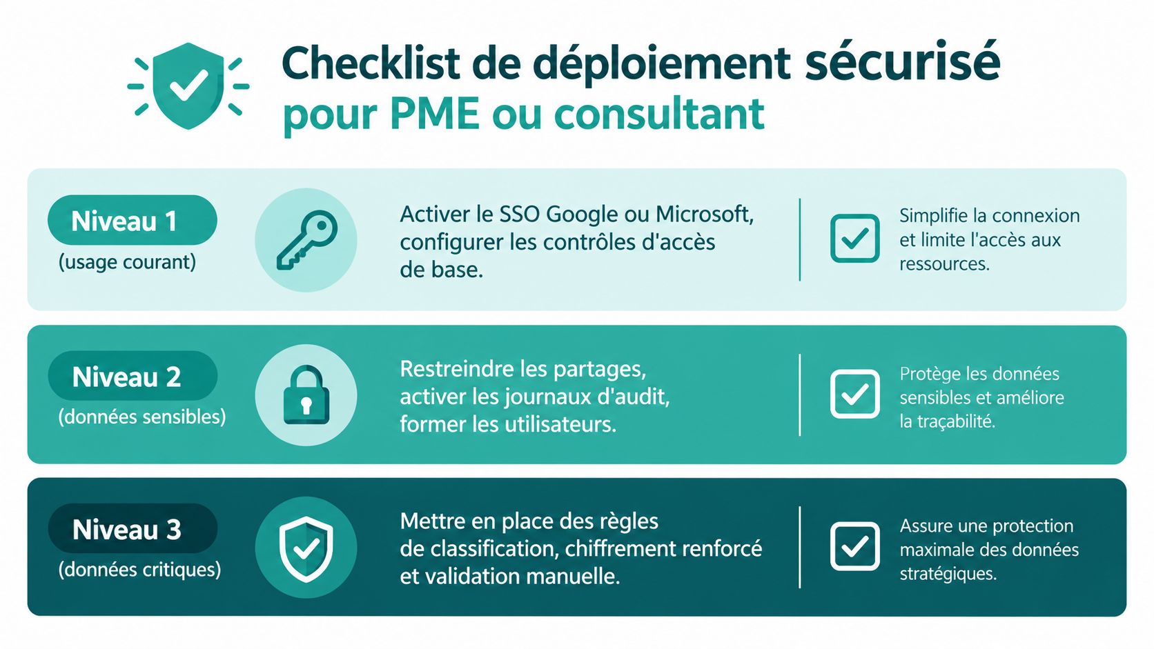 Checklist de déploiement sécurisé pour les PME et consultants organisée en trois niveaux de protection des données.