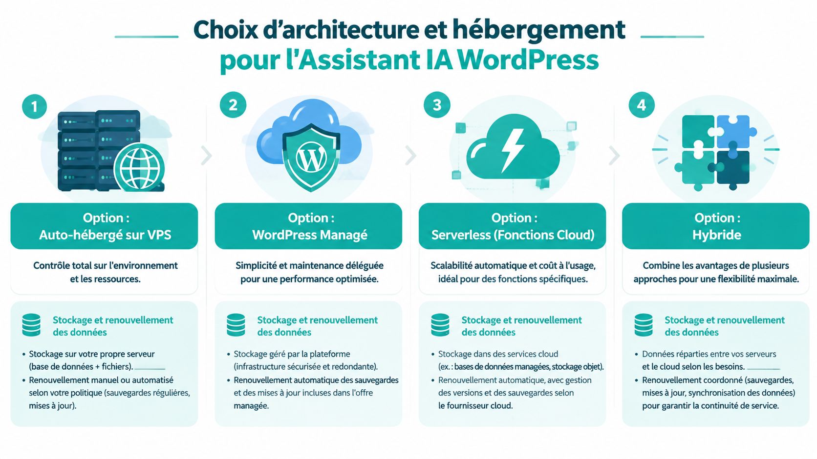 Schéma présentant quatre options d'architecture et d'hébergement pour un assistant IA WordPress, incluant VPS, managé, serverless et hybride.
