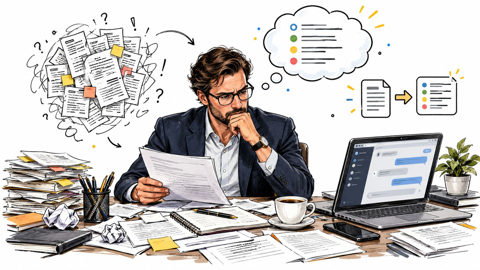 Un homme d'affaires pensif travaillant à son bureau encombré de documents, transformant le chaos en organisation structurée.