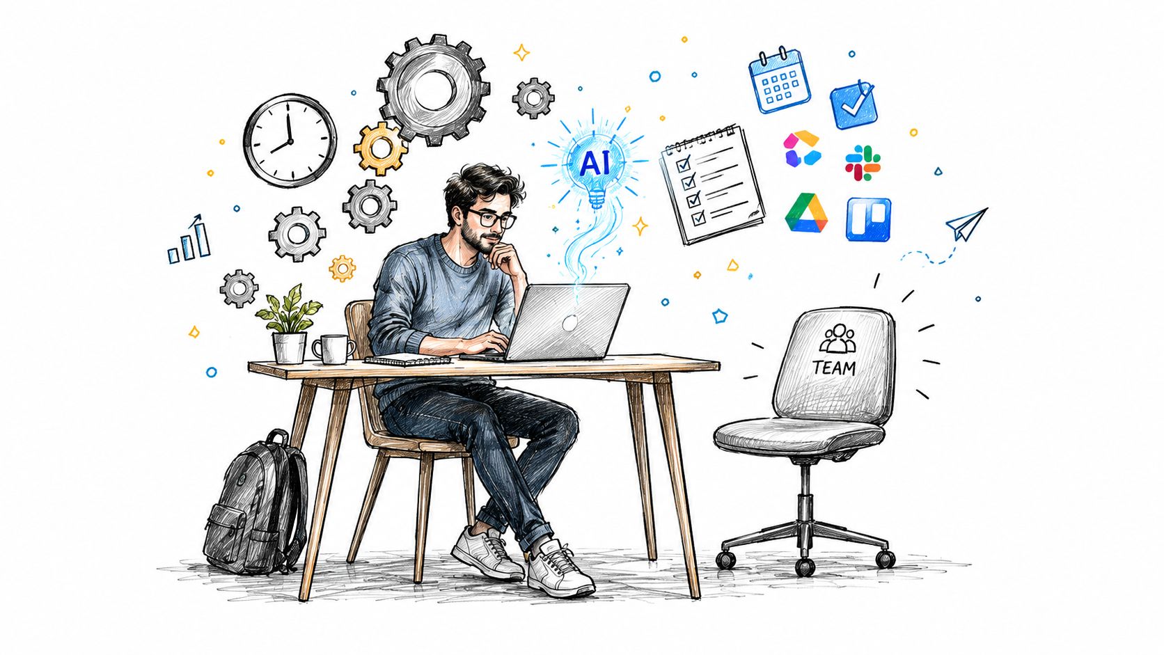 Un entrepreneur travaillant sur son ordinateur portable avec des outils d'intelligence artificielle et des icônes de productivité.